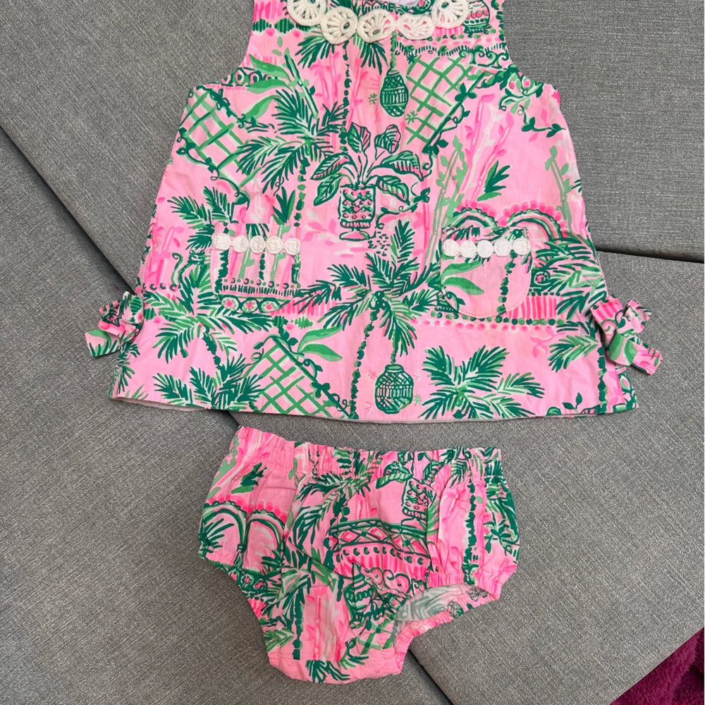 Lilly Pulitzer Pink and Green Baby Shift Dress with Bloomers - size 3-6 months